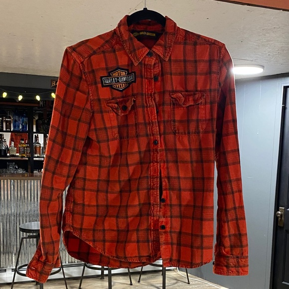 Harley-Davidson Tops - Harley-Davidson women's Red Plaid Button Down Shirt worn look - distressed